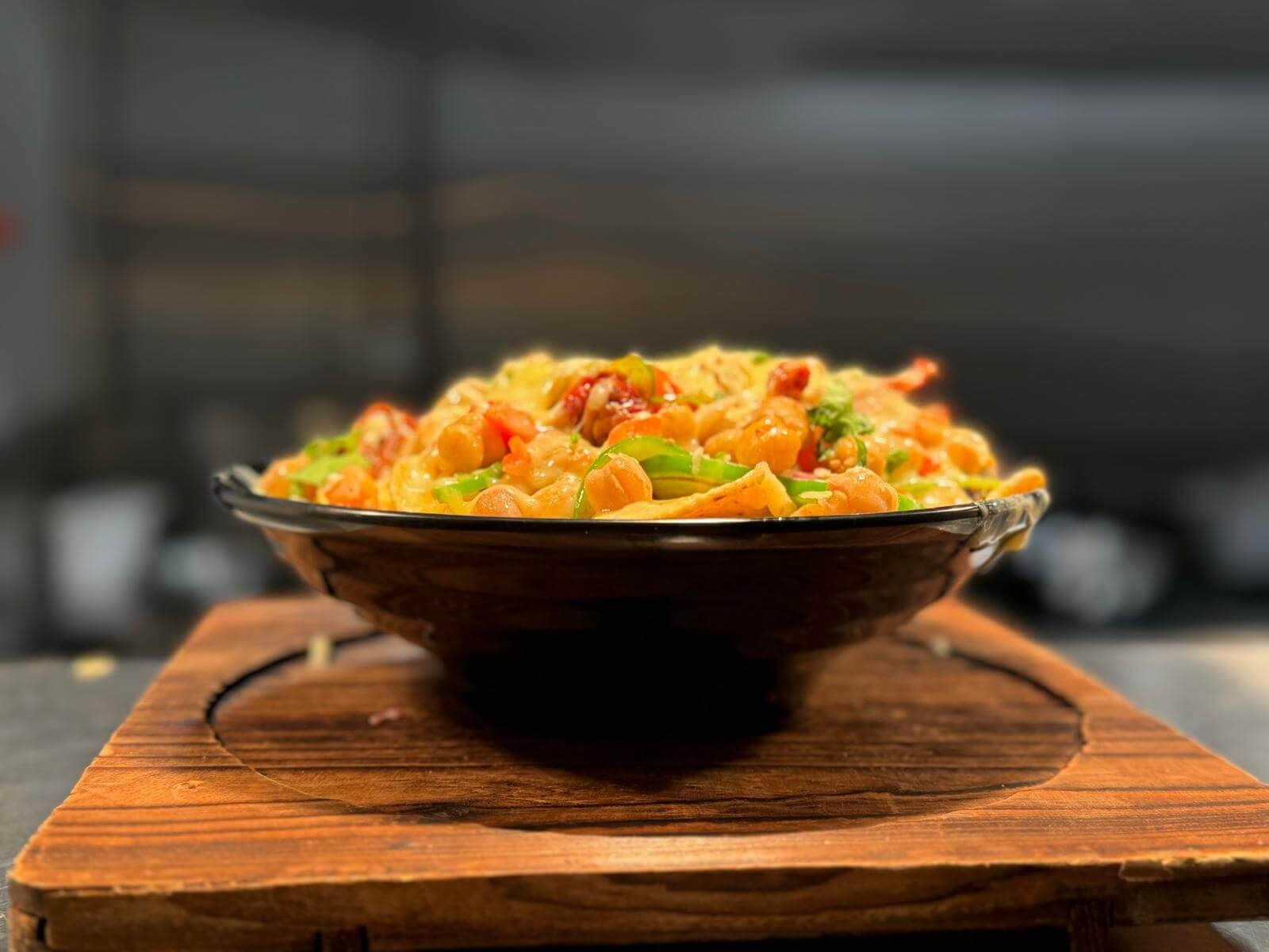 Vegetable rice served on a wooden board